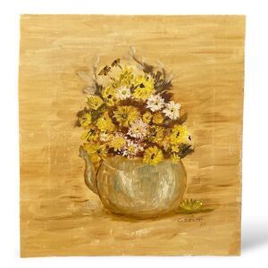 Vintage 1960’s Original Still Life Painting Golden Yellow Flowers Teapot Signed